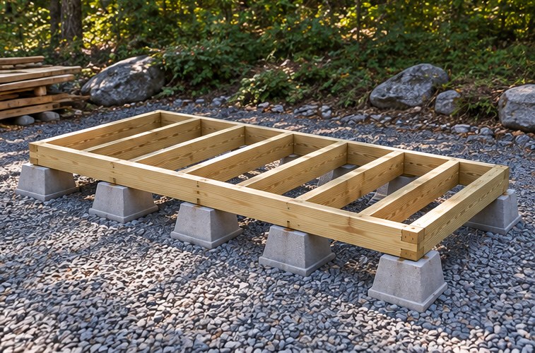 Stage 1: 2×6 floor frame on deck blocks