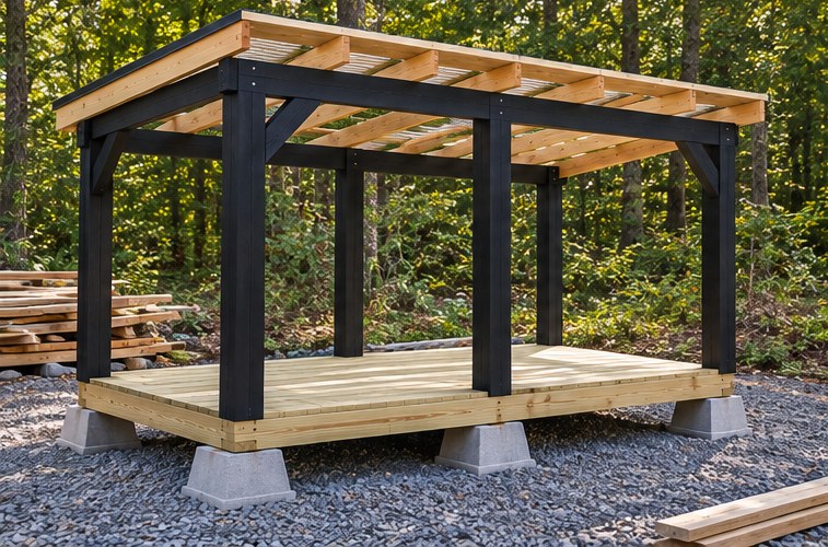 Stage 2: black-stained PT frame, floor slats, beams, rafters and purlins