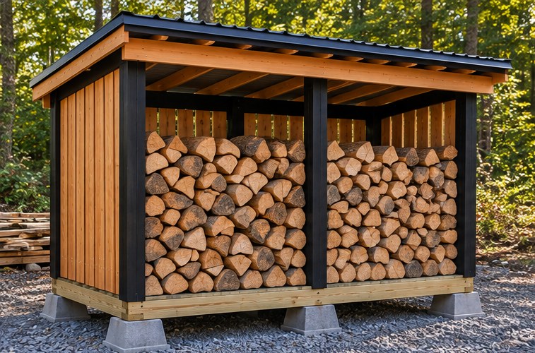 Finished shed, open front stacked with firewood
