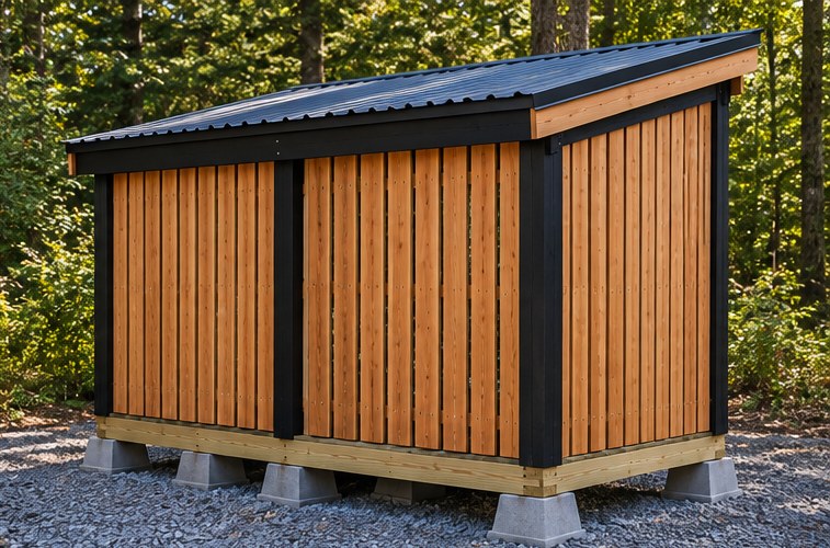 Stage 3: cedar slats on back and sides, steel roof and cedar fascia